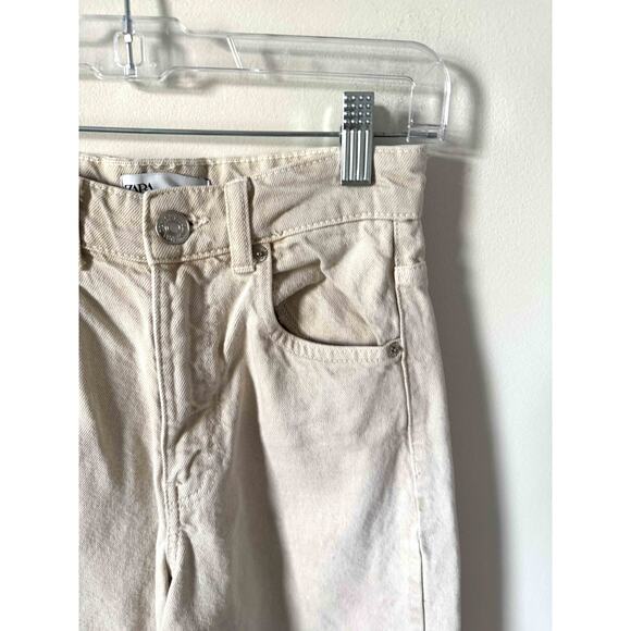 Zara Wide Leg High Rise Raw Hem Denim Jeans Bone Tan Size 0 - Picture 4 of 11